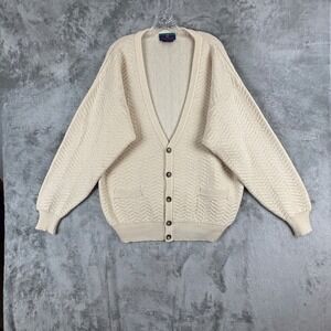 Woodward Merino Wool Cardigan Sweater Mens L Cream V-Neck Button Grandpa Vintage